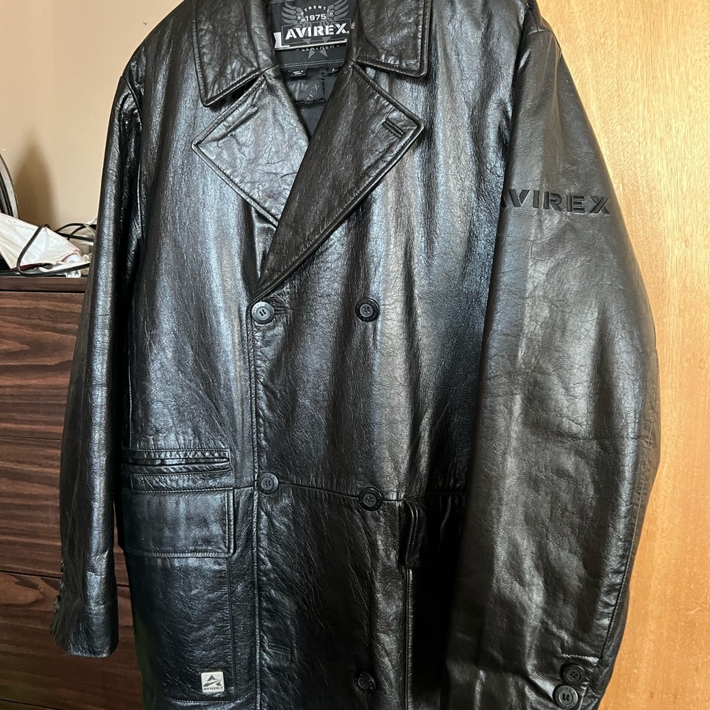 Avirex Black Pea Coat Genuine Leather